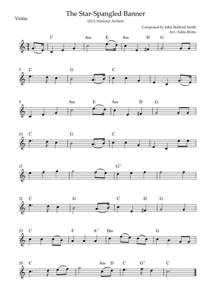 The Star Spangled Banner (USA National Anthem) for Violin Solo with Chords (C Major)
