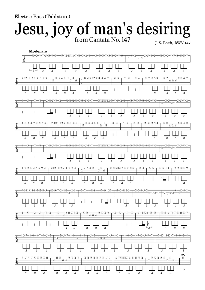JESU, JOY OF MAN'S DESIRING by Bach - easy version for Electric Bass (Tablature) and piano with chor image number null