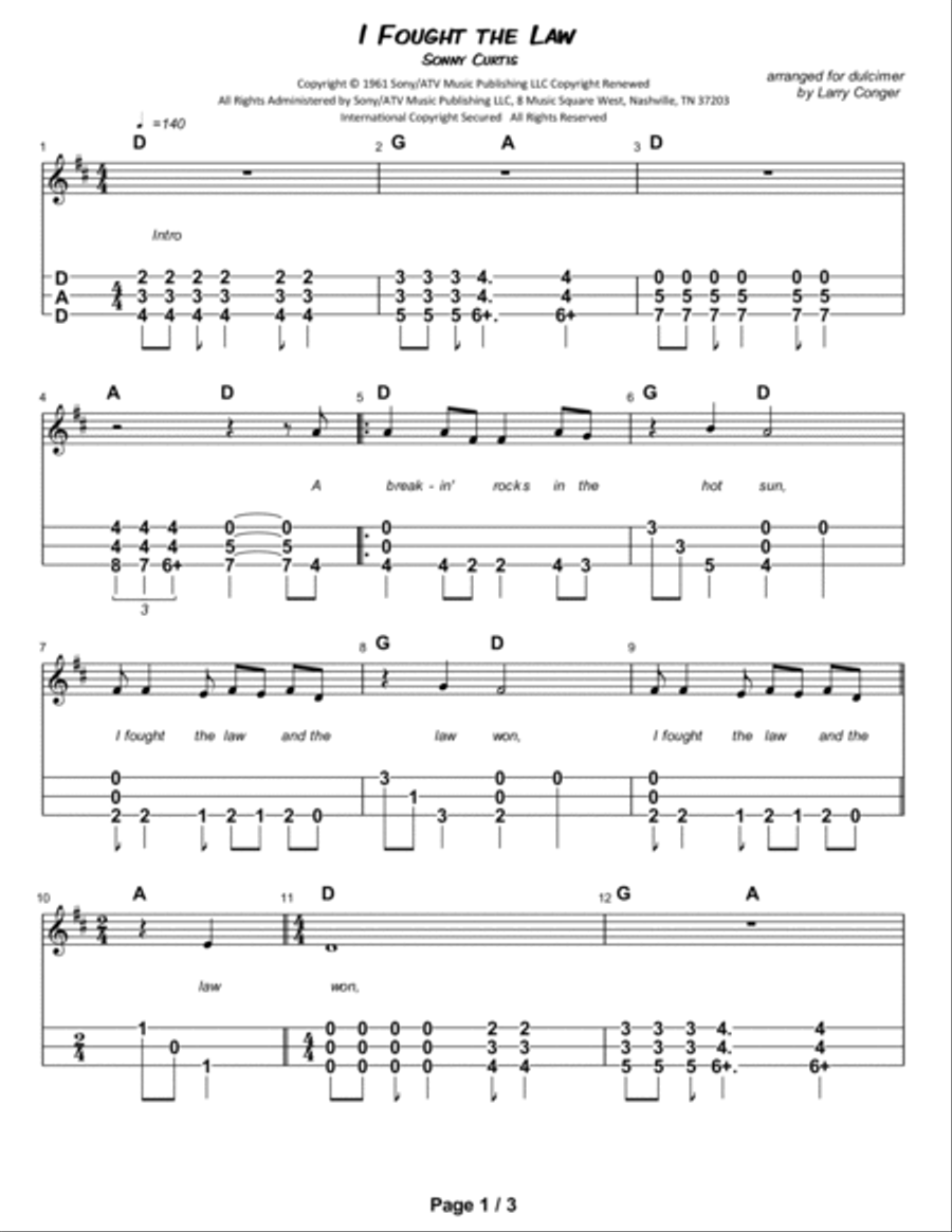 I Fought The Law Dulcimer scores gallery preview page 2