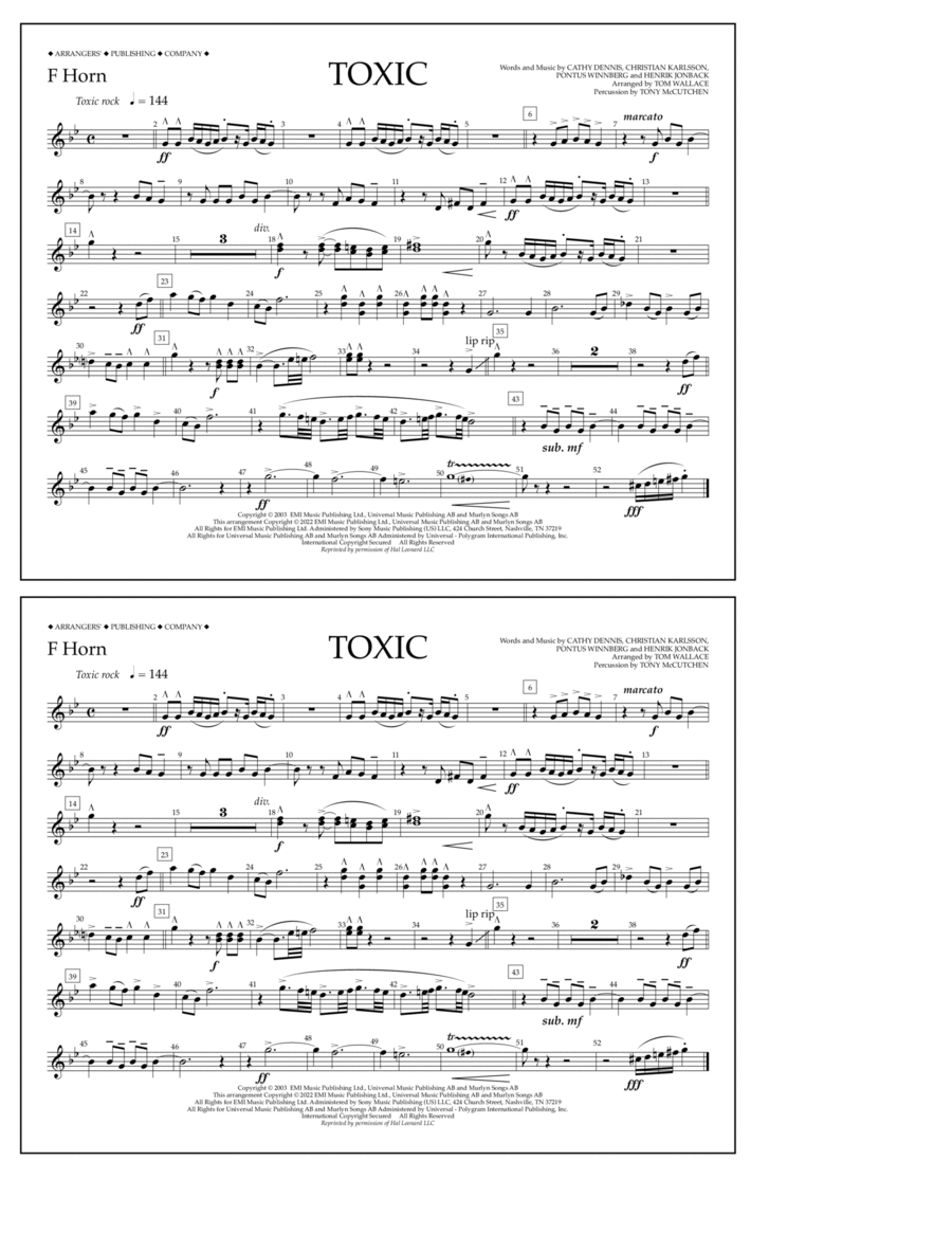 Toxic (arr. Tom Wallace) - F Horn Marching Band scores gallery preview page 1