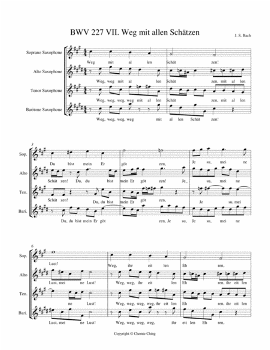J.S. Bach - Weg mit allen Schätzen chorale arranged for Saxophone Quartet Saxophone Quartet scores gallery preview page 1