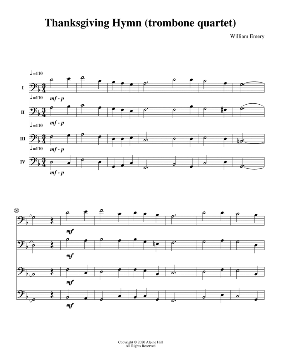 Thanksgiving Hymn (Trombone Quartet) Trombone Quartet scores gallery preview page 1