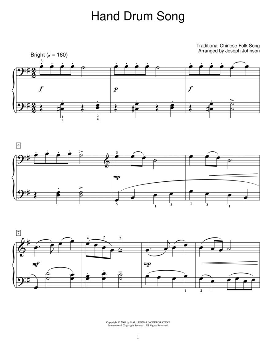 Hand Drum Song arr. Joseph Johnson by Chinese Folk Song Piano
