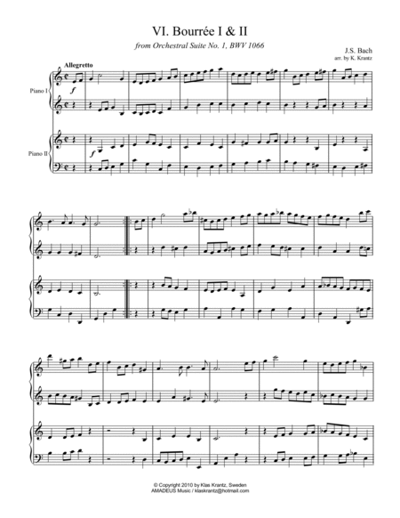 Bourree 1 & 2 from Suite No 1, BWV 1066 for piano duet, 4 hands image number null