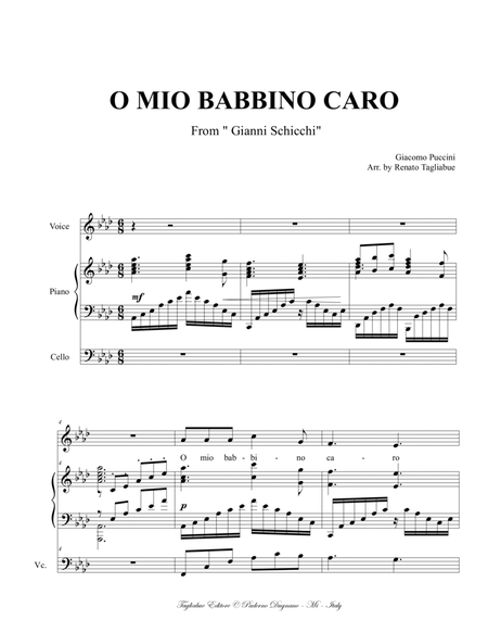 O MIO BABBINO CARO - Puccini - Arr. for Tenor, Piano and (ad libitum) Cello - Score Only image number null