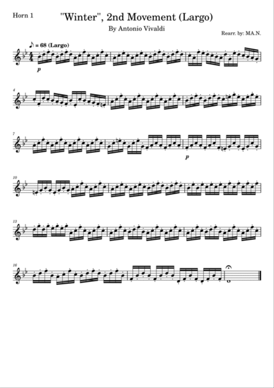 Antonio Vivaldi's Four Seasons, Winter, 2nd Movement (Largo) for Horn Quartet French Horn Quartet scores gallery preview page 4
