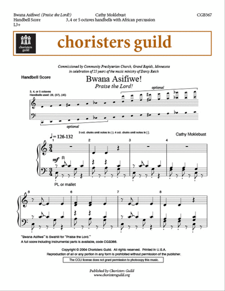 Bwana Asifiwe [Praise the Lord] Handbell Choir scores gallery preview page 1