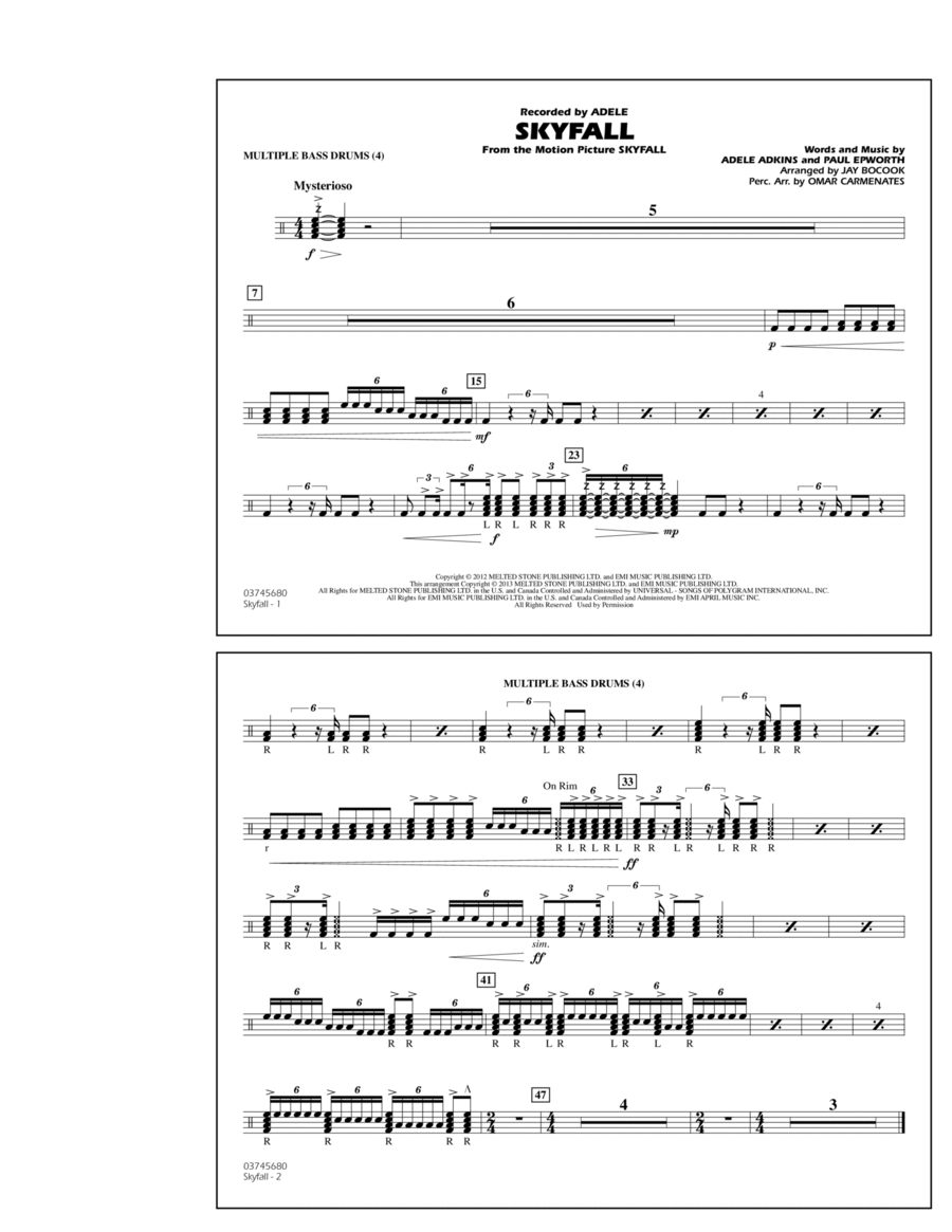 Skyfall - Multiple Bass Drums Marching Band scores gallery preview page 1