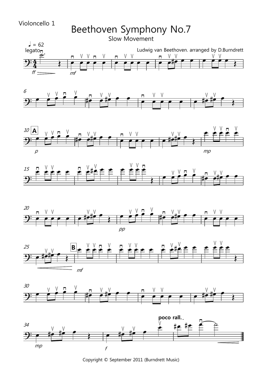 Beethoven Symphony No.7 (slow movement) for Cello Quartet Cello Solo scores gallery preview page 3