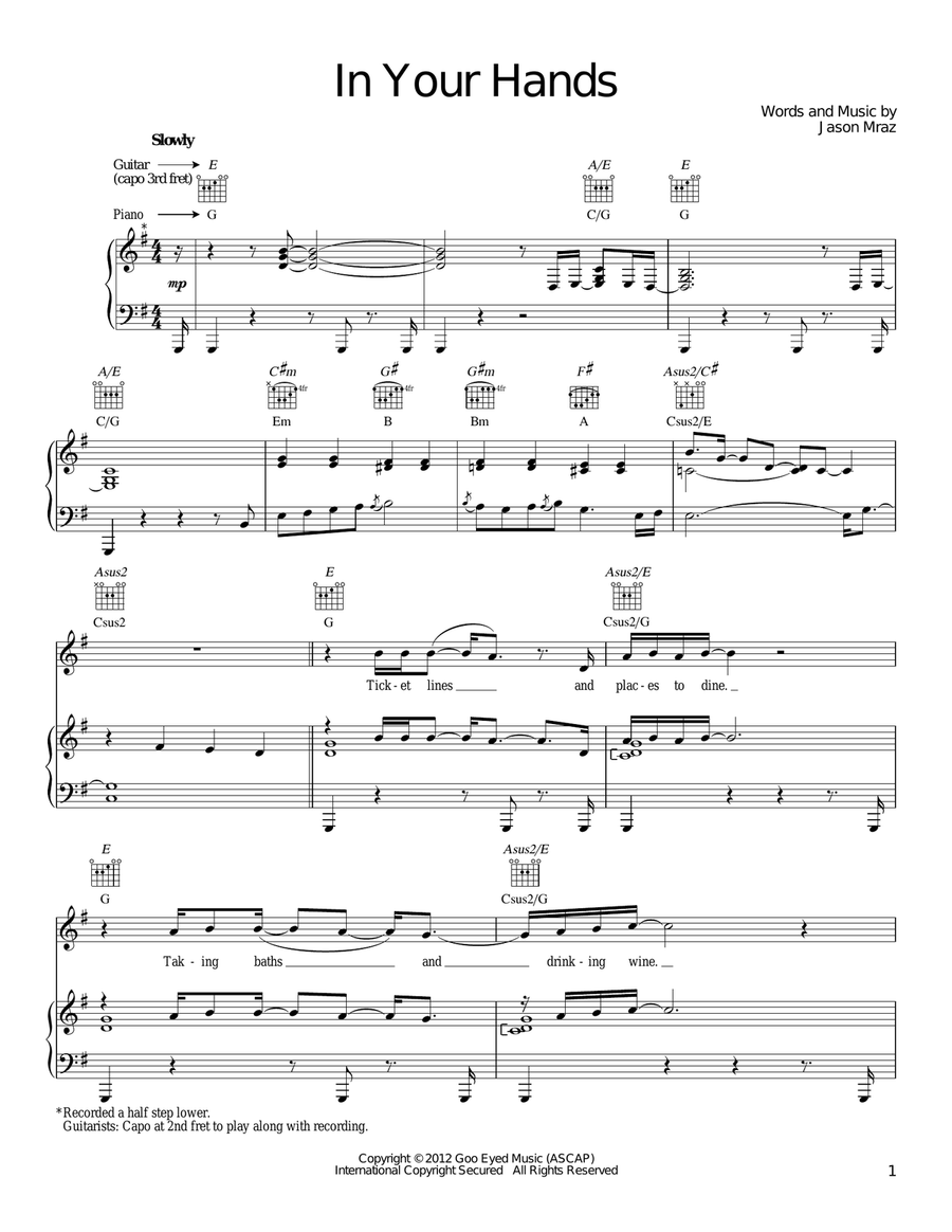 In Your Hands In Your Hands Piano, Vocal, Guitar scores gallery preview page 1