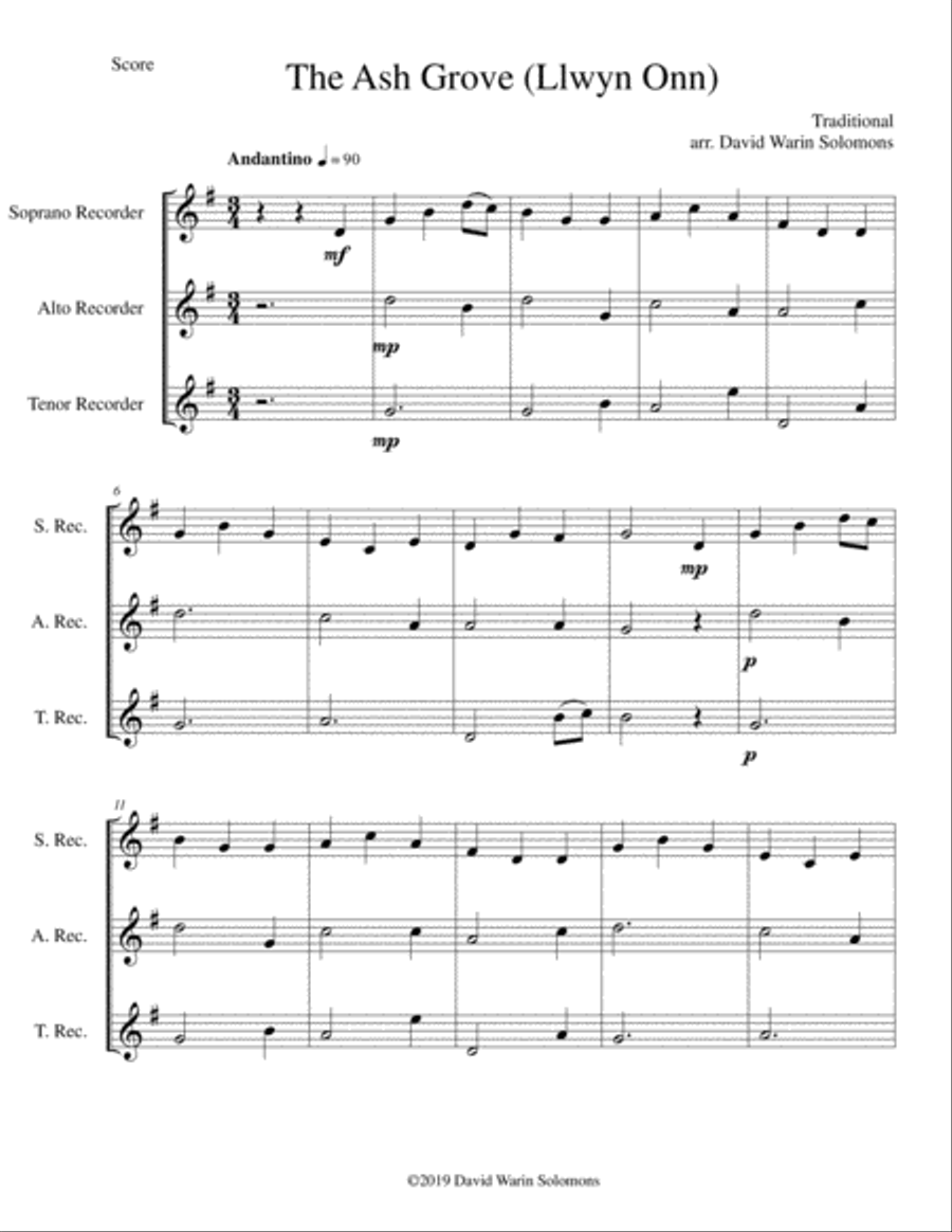 The Ash Grove (Llwyn Onn) for recorder trio (soprano, alto, tenor)