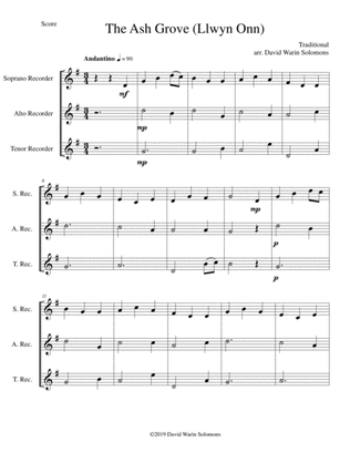 The Ash Grove (Llwyn Onn) for recorder trio (soprano, alto, tenor)