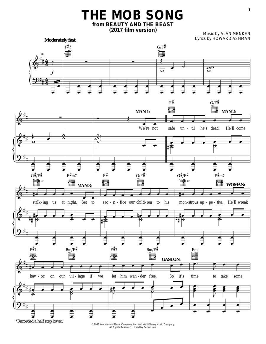 The Mob Song (from Beauty And The Beast) Piano, Vocal, Guitar scores gallery preview page 1