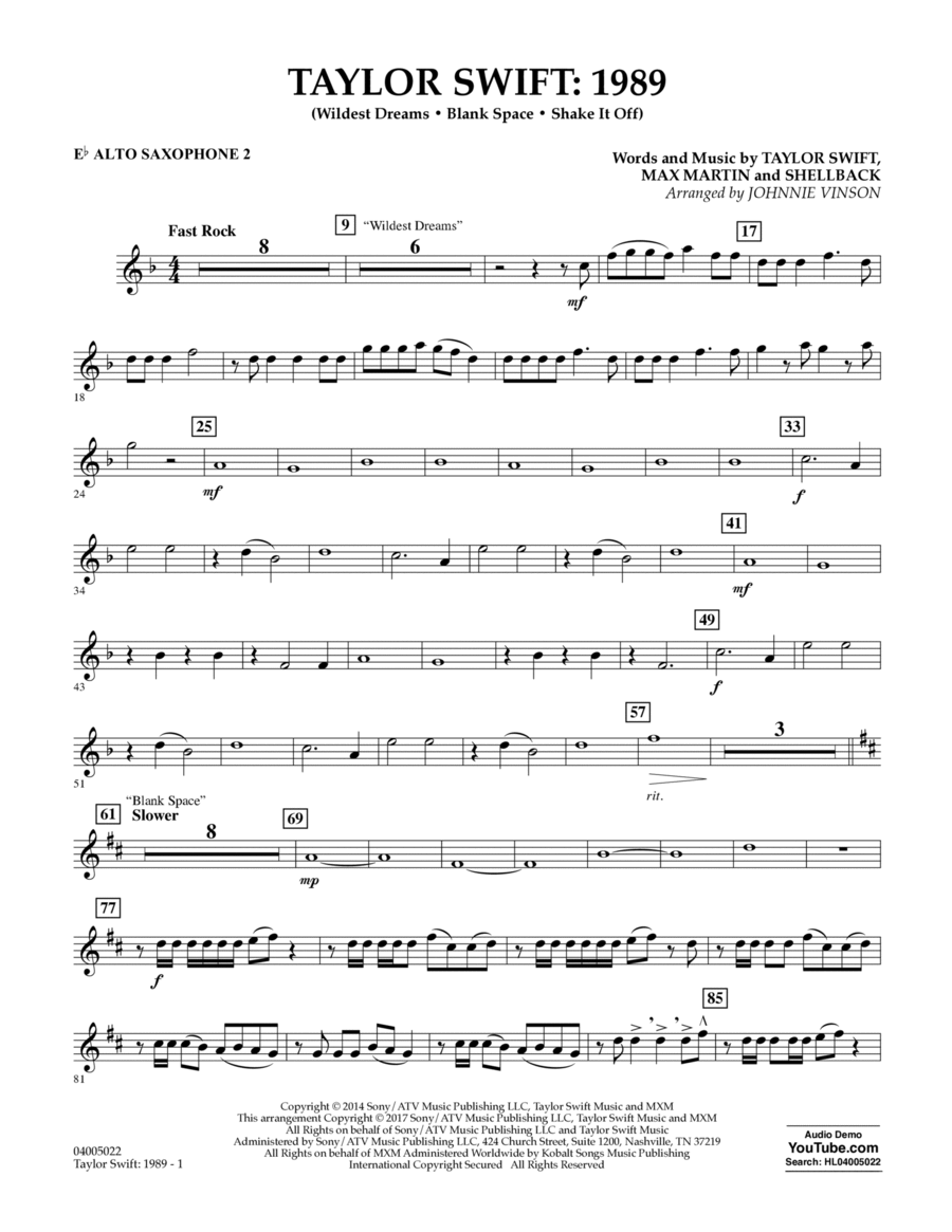Taylor Swift: 1989 - Eb Alto Saxophone 2 Alto Saxophone scores gallery preview page 1