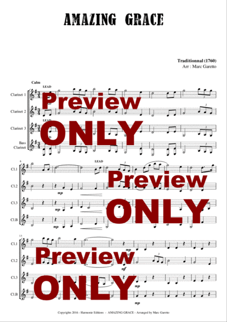 AMAZING GRACE - Traditionnal - for CLARINET Quartet - Arranged by Marc Garetto Clarinet Quartet scores gallery preview page 3