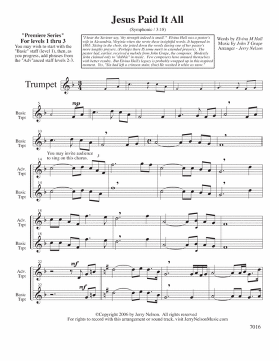 Jesus Paid It All (Arrangements Level 1-3 for TRUMPET + Written Acc) Hymn image number null