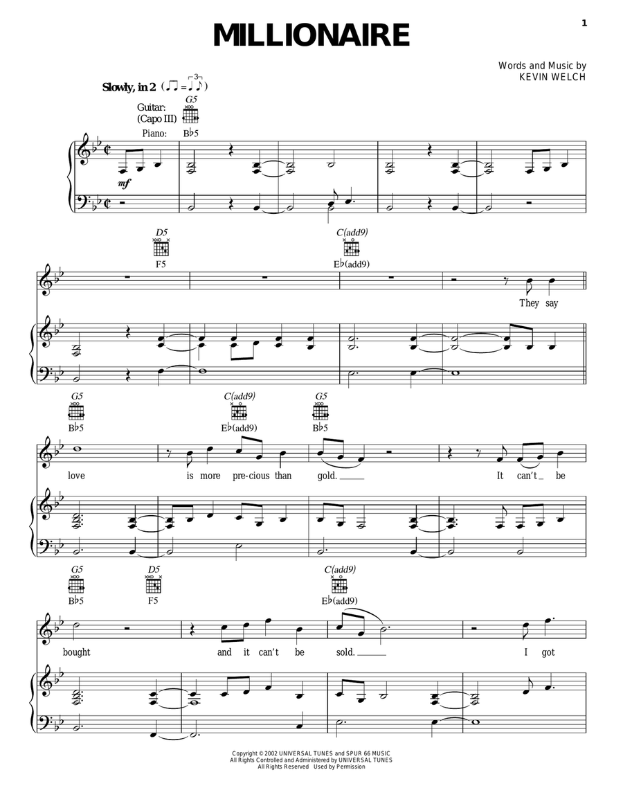 Millionaire Millionaire Piano, Vocal, Guitar scores gallery preview page 1