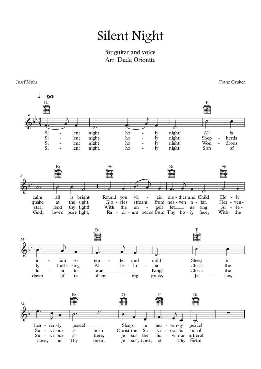 Silent Night (Bb major - TABS - with lyrics) Guitar Tablature scores gallery preview page 1