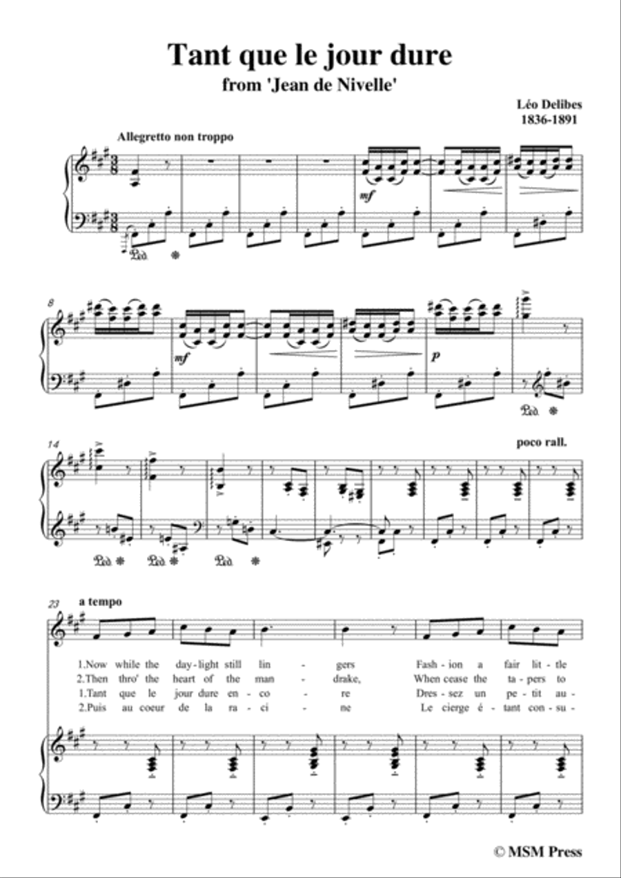 Delibes-Tant que le jour dure,from 'Jean de Nivelle',in f sharp minor,for Voice and Piano Voice Solo scores gallery preview page 3