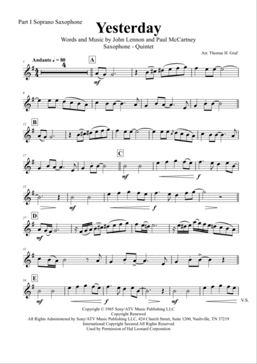 Yesterday Saxophone Quintet scores gallery preview page 5