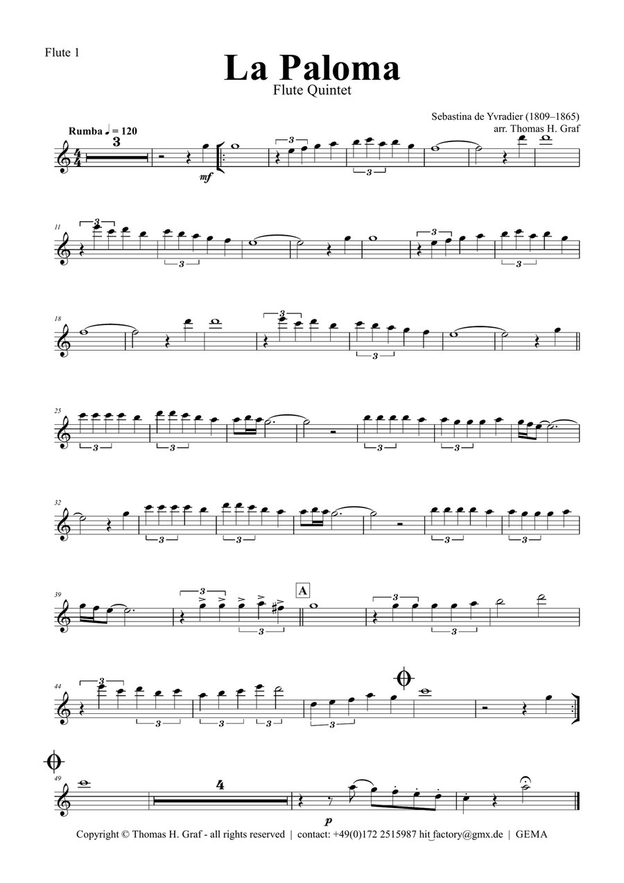La Paloma - Spanish Habanera - Flute Quintet Woodwind Ensemble scores gallery preview page 4