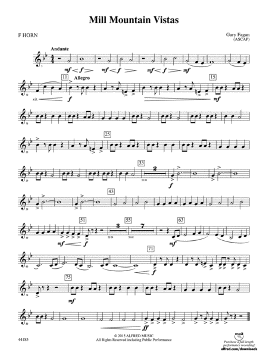 Mill Mountain Vistas: 1st F Horn Concert Band scores gallery preview page 1