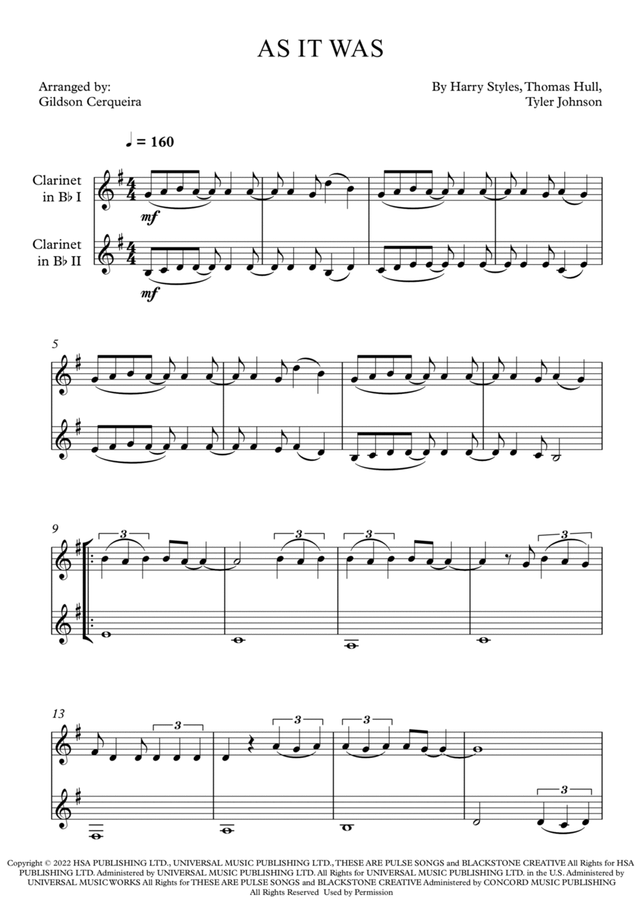 As It Was Clarinet Duet scores gallery preview page 1