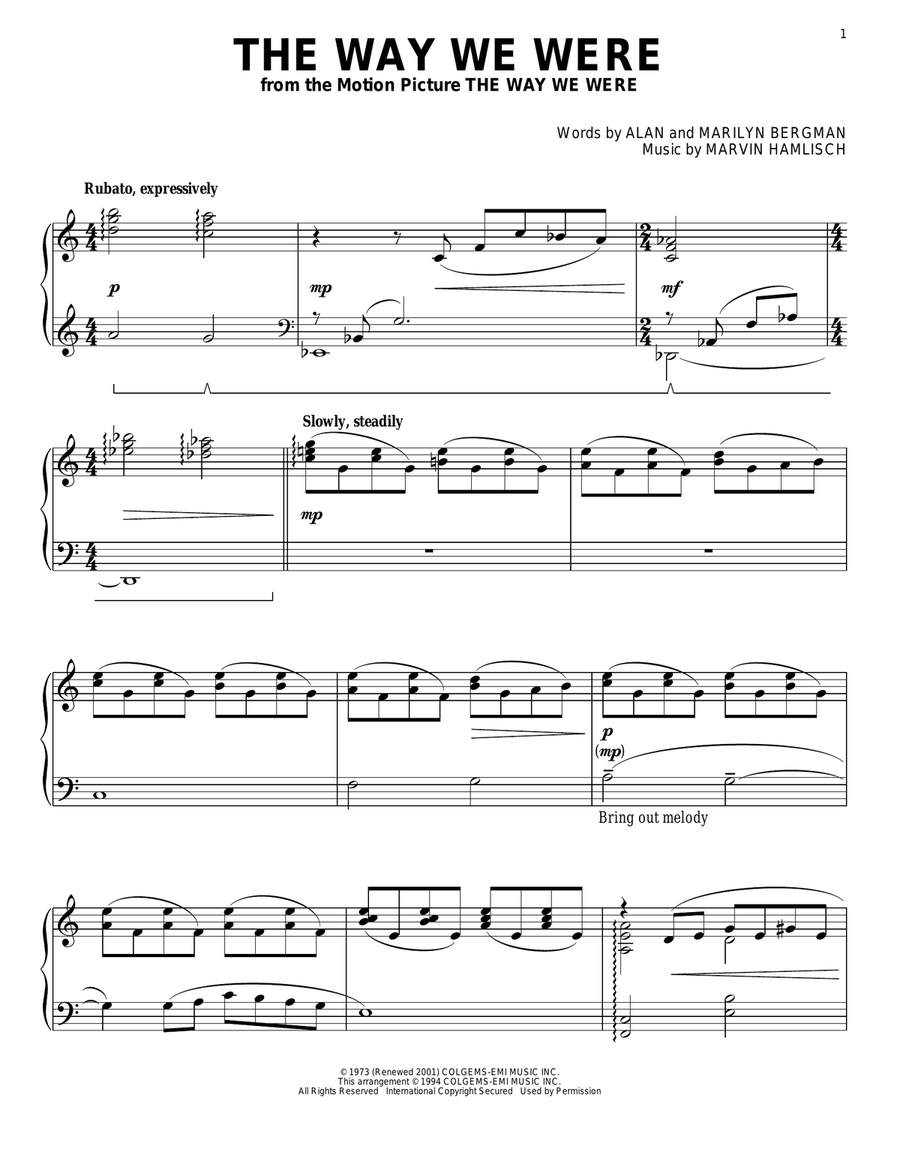 The Way We Were Piano Solo scores gallery preview page 1