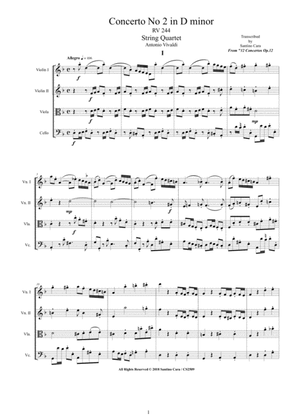 Book cover for Vivaldi - Concerto No.2 in D minor RV 244 Op.12 for String Quartet - Score and Parts