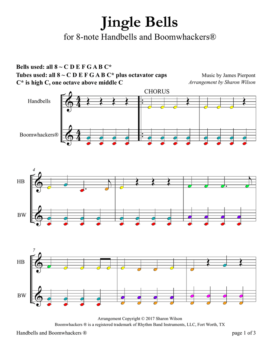 Jingle Bells (for 8-note Bells and Boomwhackers with Color Coded Notes) Handbell Choir scores gallery preview page 5