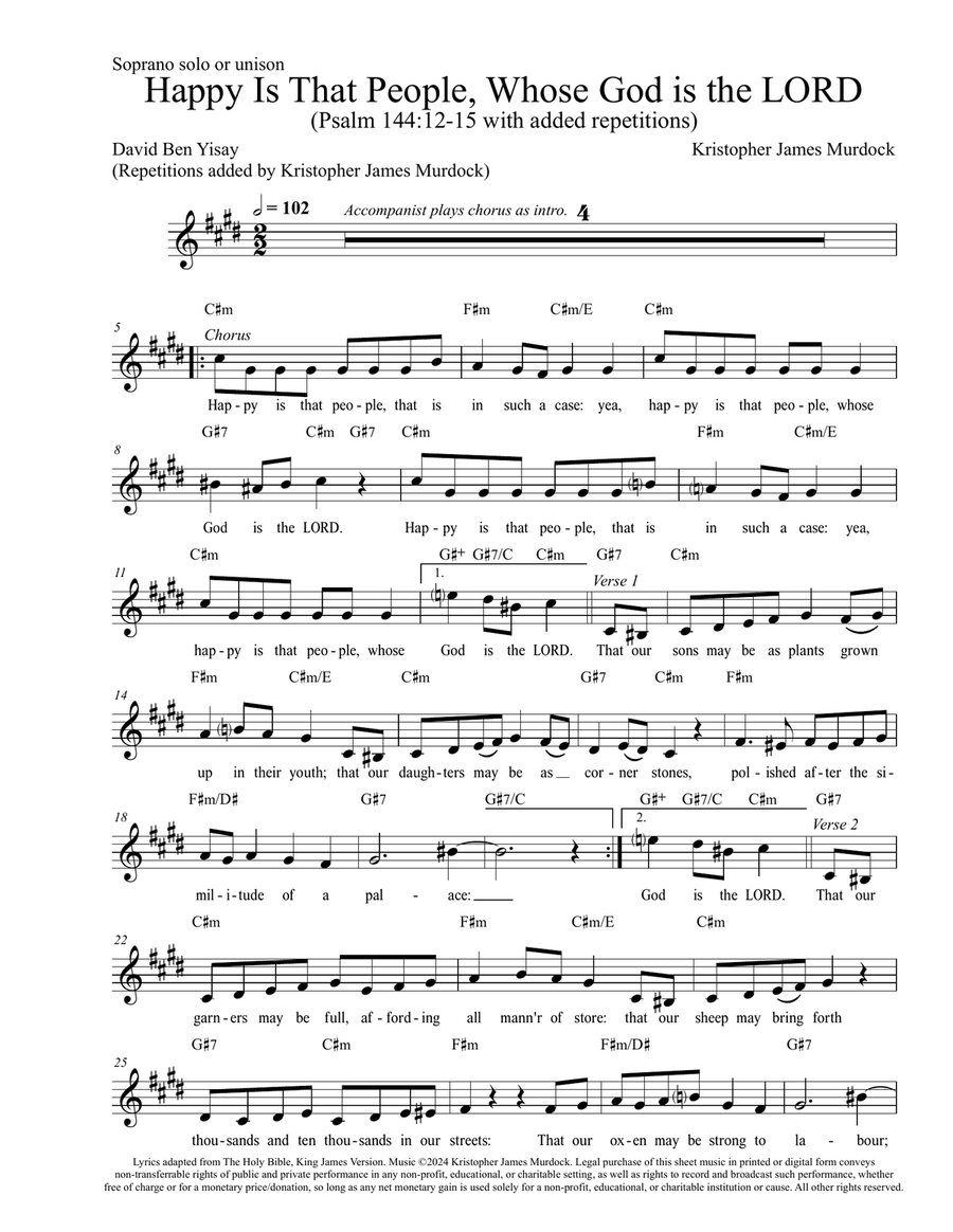 Happy Is That People (based on Psalm 144:12-15)--Soprano solo or unison with piano chords Unison Choir scores gallery preview page 1