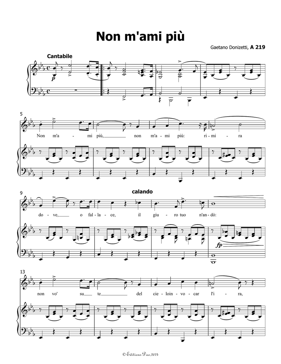 Non m'ami più, by Donizetti, in E flat Major Piano, Vocal scores gallery preview page 3