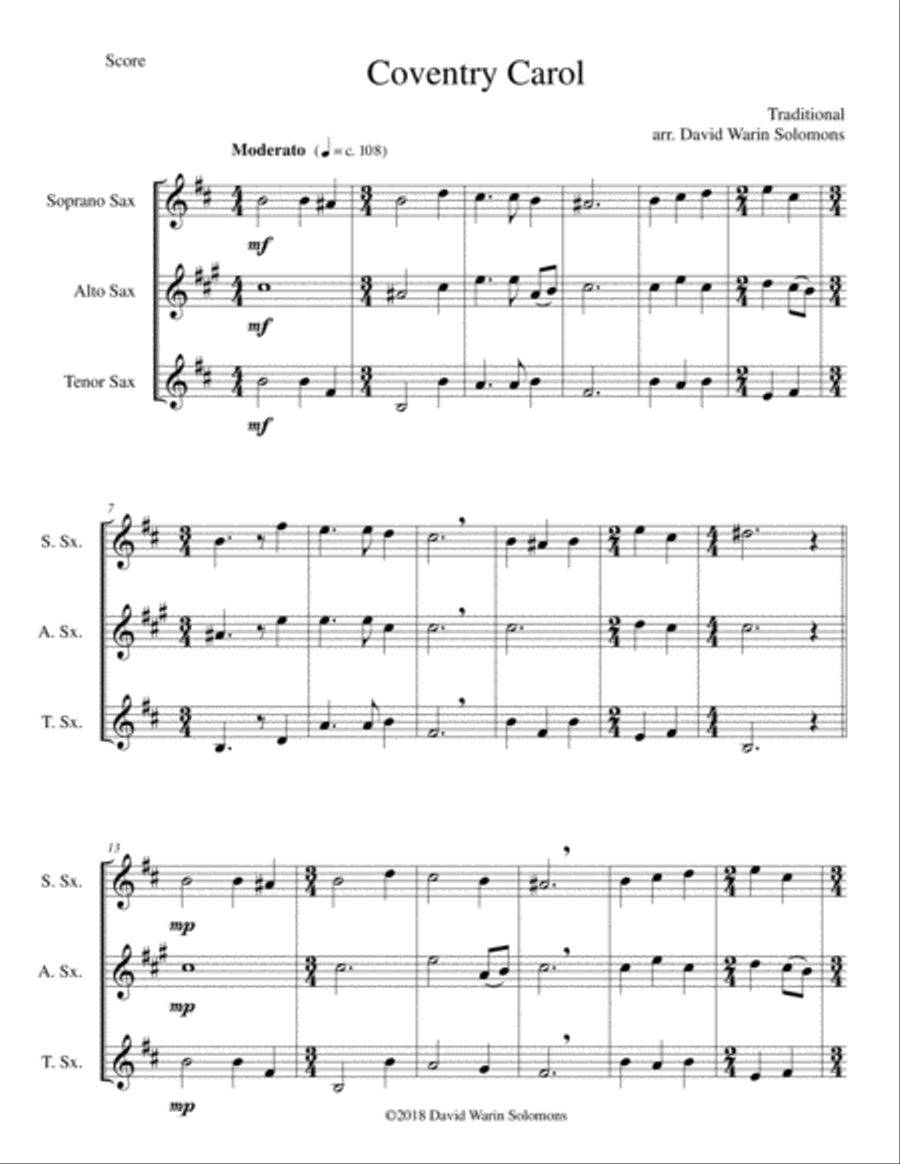 Coventry Carol for saxophone trio Woodwind Trio scores gallery preview page 1
