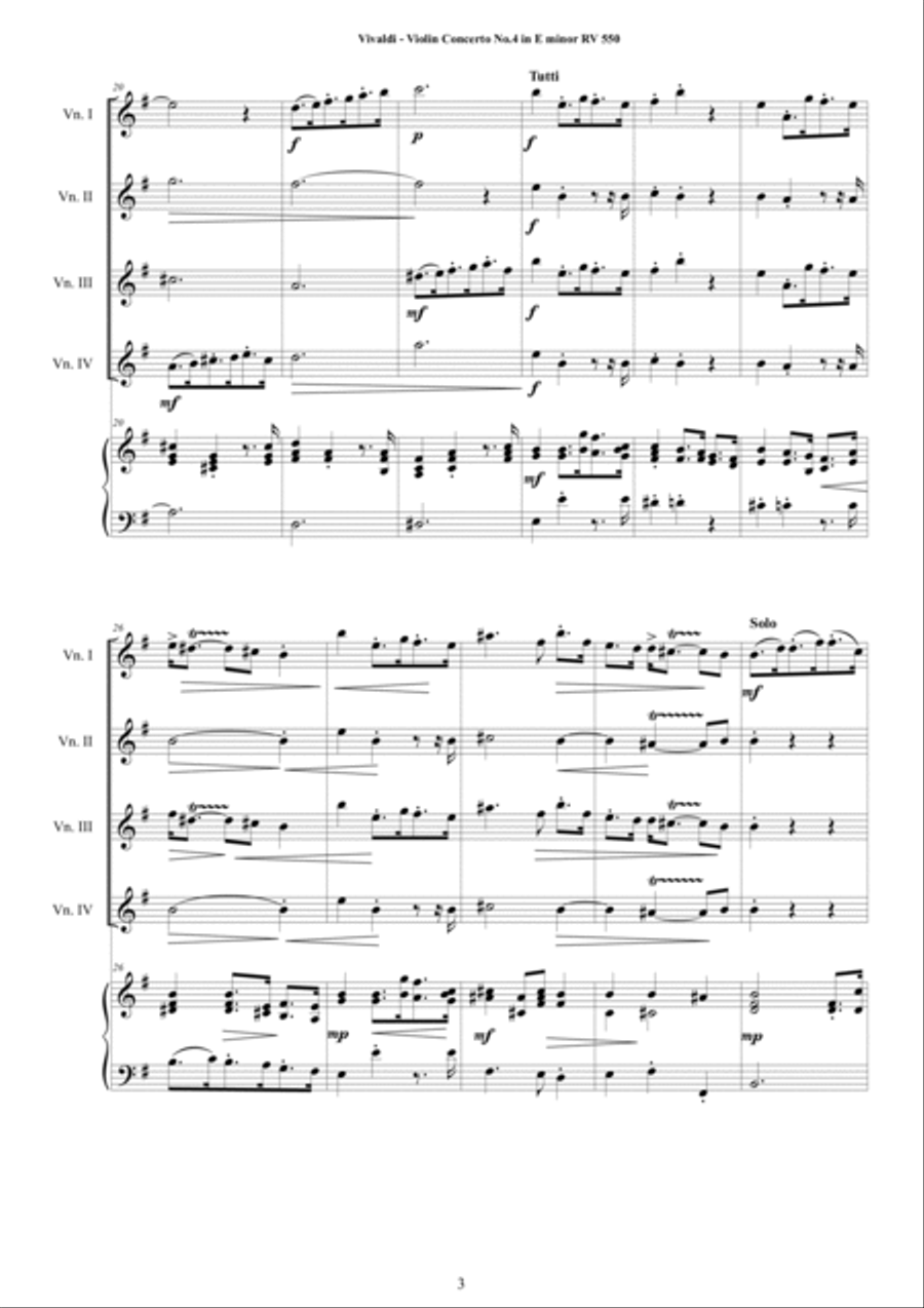 Vivaldi - Violin Concerto No.4 in E minor Op.3 RV 550 for 4 Violins and Piano String Quartet scores gallery preview page 3