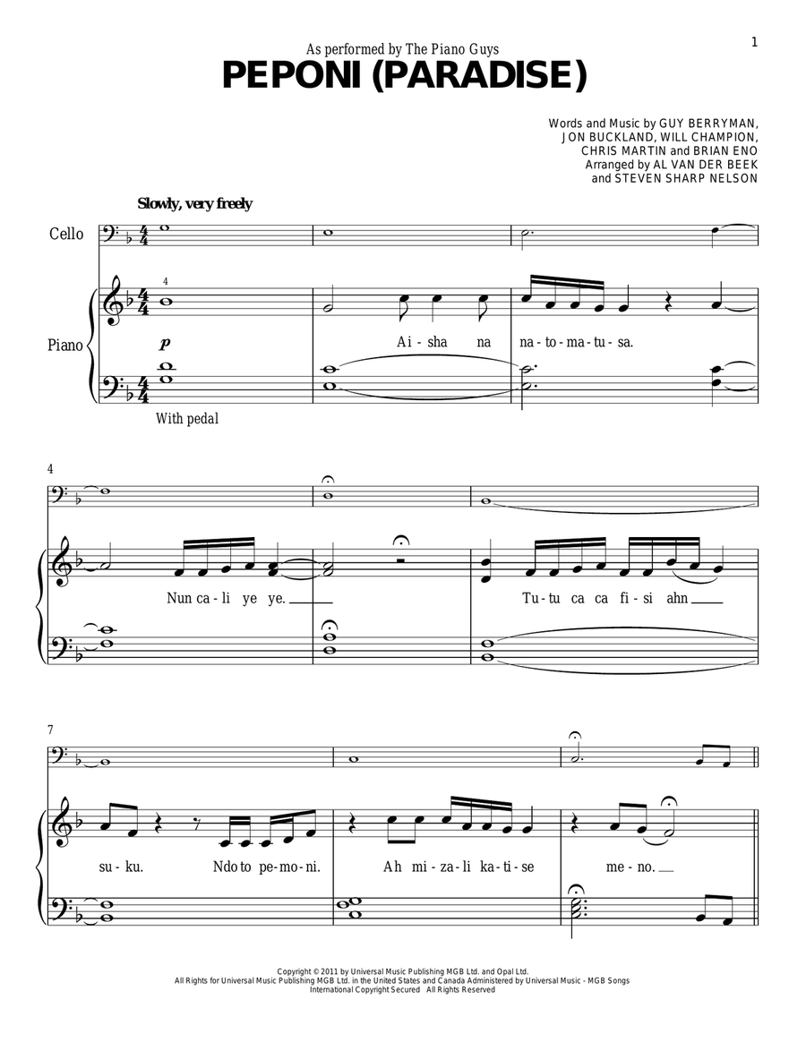 Peponi (Paradise) Cello scores gallery preview page 1