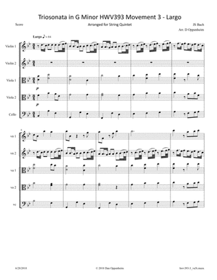 Book cover for Handel: Triosonata in G Minor HWV 393 Movement 3 - Largo, arranged for String Quintet
