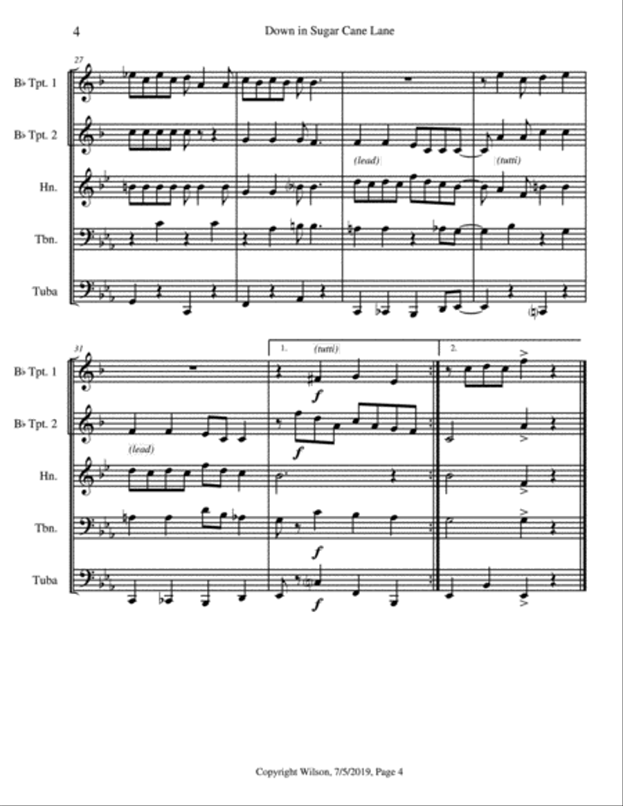 Down in Sugar Cane Lane Brass Quintet scores gallery preview page 5