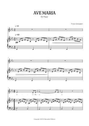 Schubert Ave Maria in E flat major [ Eb ] • alto voice sheet music with easy piano accompaniment