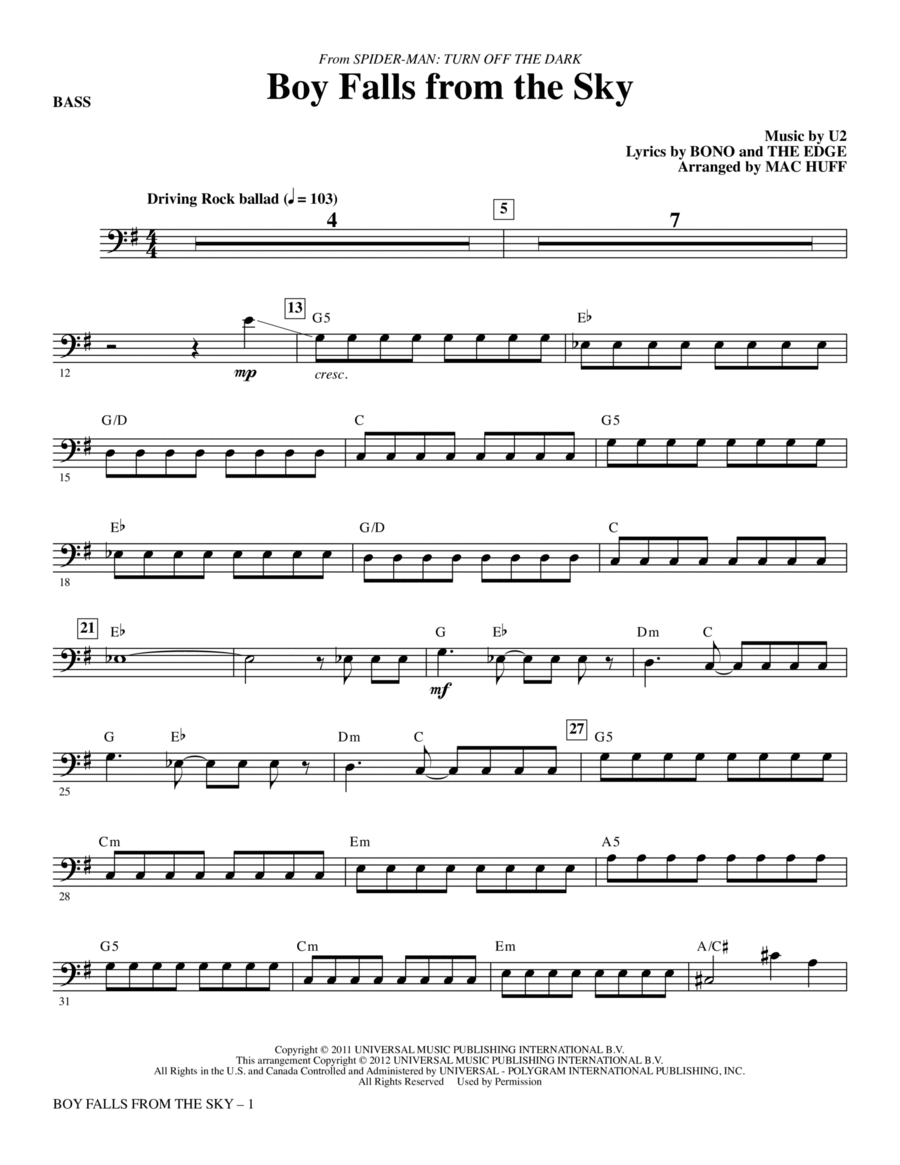 Boy Falls From The Sky (from Spider-Man: Turn Off the Dark) - Bass Choir scores gallery preview page 1