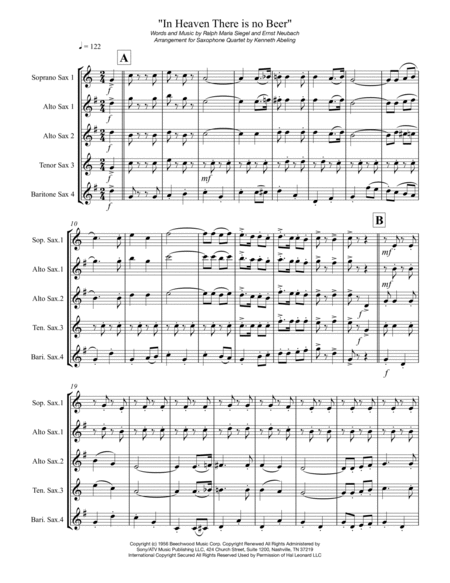 In Heaven There Is No Beer by Kenneth Abeling Saxophone Quartet - Digital Sheet Music