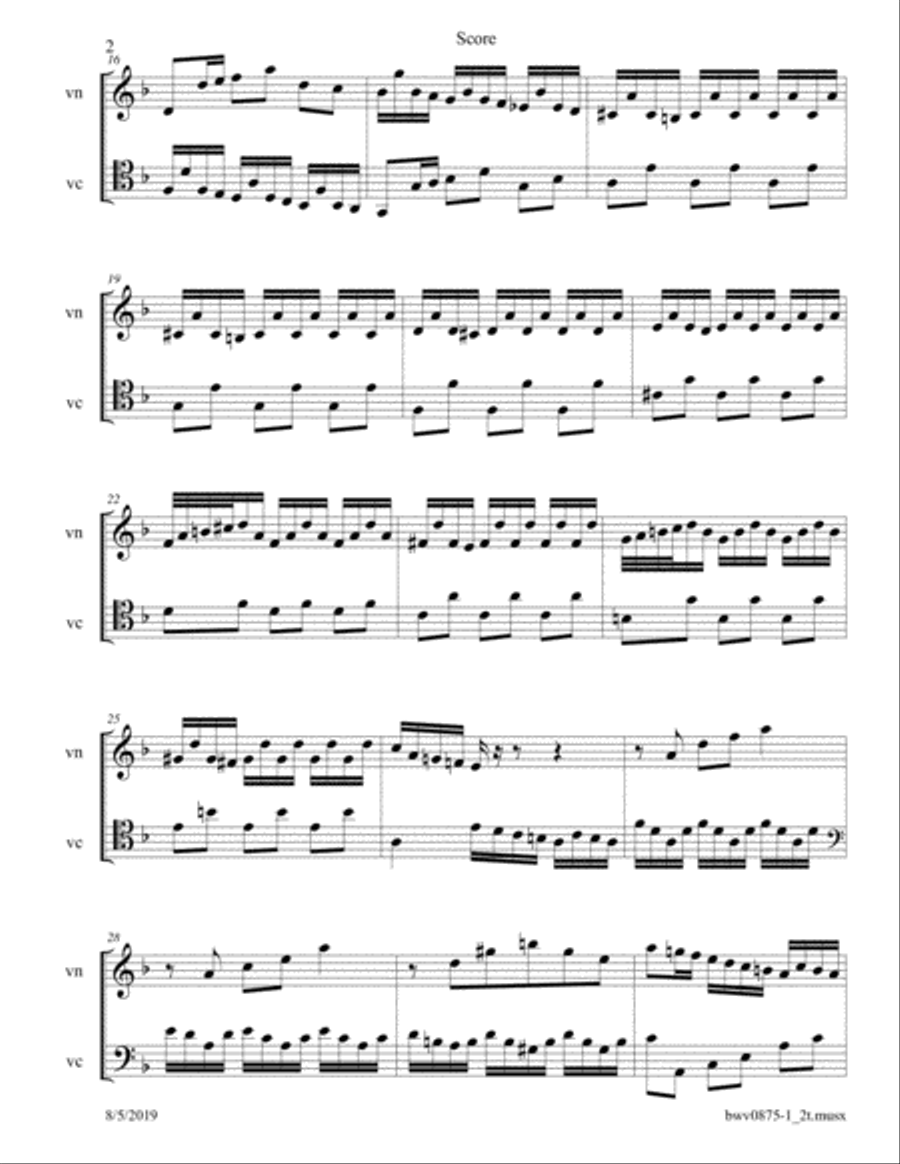 Bach: Prelude in d BWV 875 from The Well Tempered Clavier arranged for Violin and Cello String Duet scores gallery preview page 2