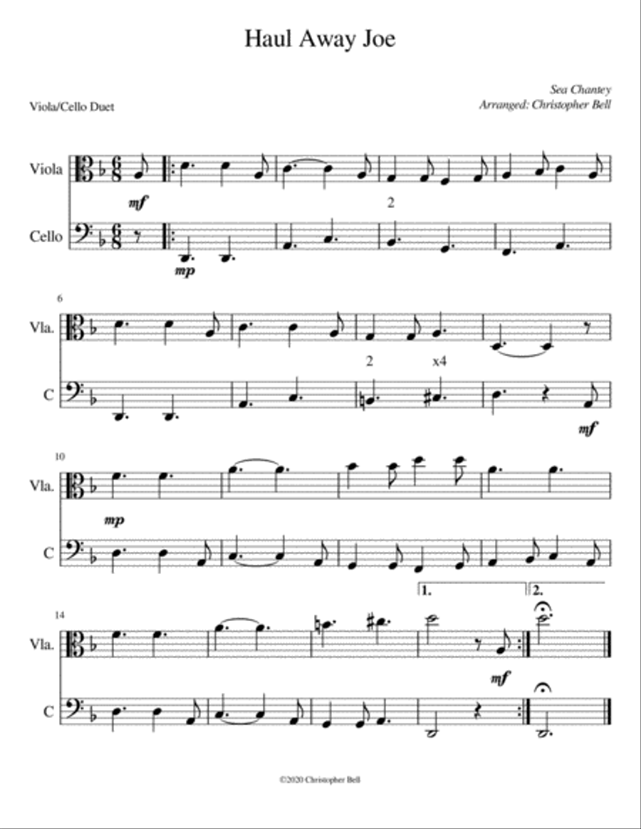 Haul Away Joe (Easy Viola/Cello Duet) String Duet scores gallery preview page 1