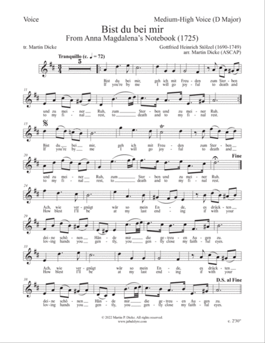 Bist du bei mir (Medium-High Voice and Keyboard with Optional Instruments) High Voice scores gallery preview page 5