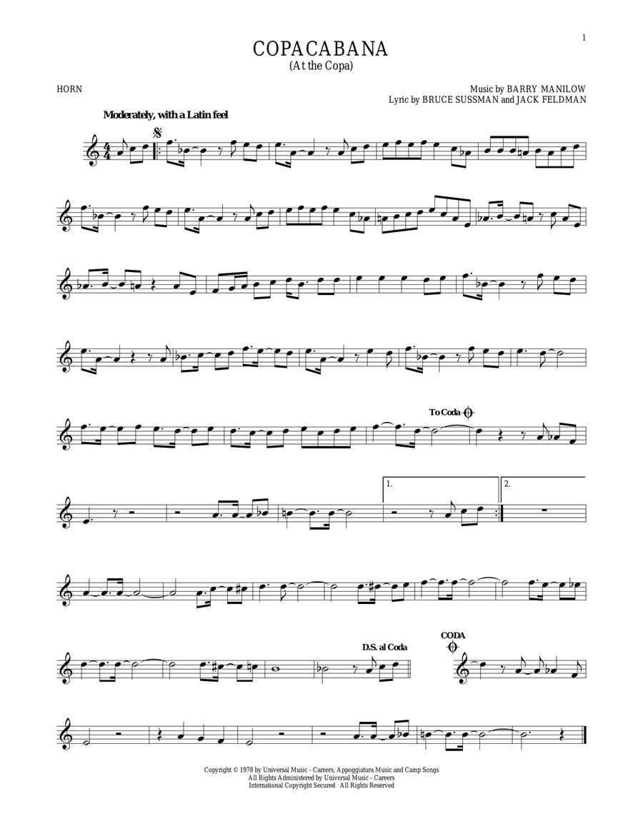 Copacabana (At The Copa) Horn Solo scores gallery preview page 1