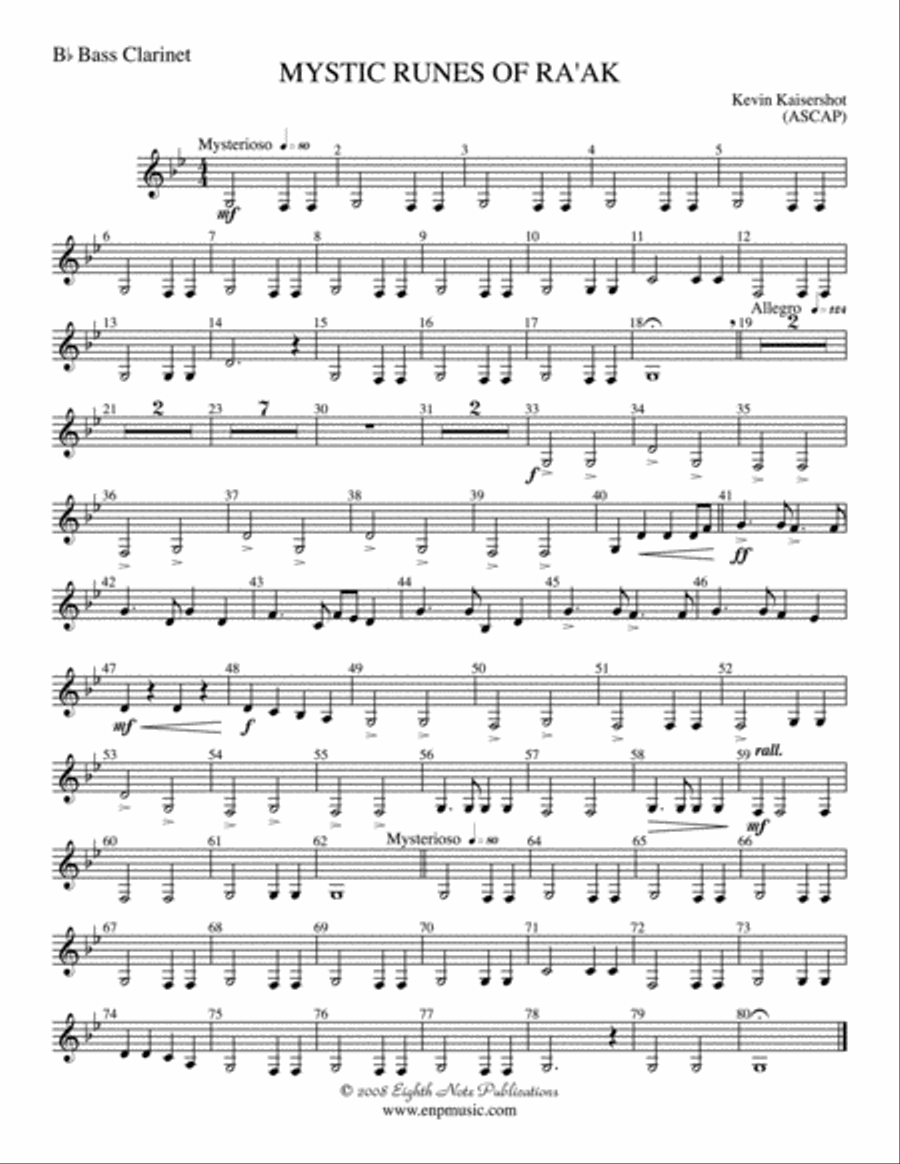 Mystic Runes of Ra’ak: B-flat Bass Clarinet Concert Band scores gallery preview page 1