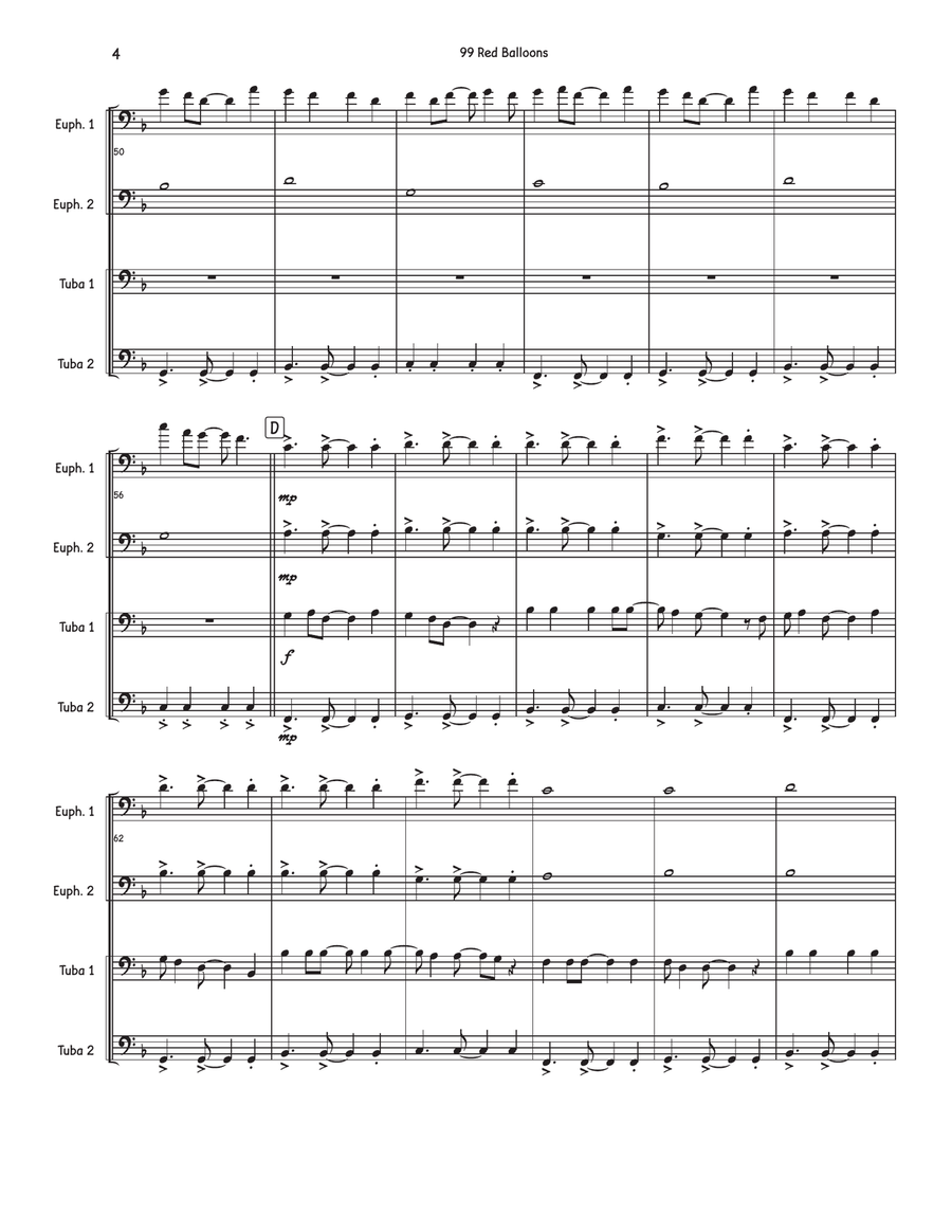 99 Red Balloons (99 Luftballons) Brass Quartet scores gallery preview page 4