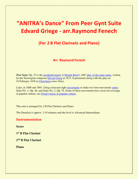 Anitra's Dance - From Peer Gynt (2 B Flat Clarinets and Piano) image number null