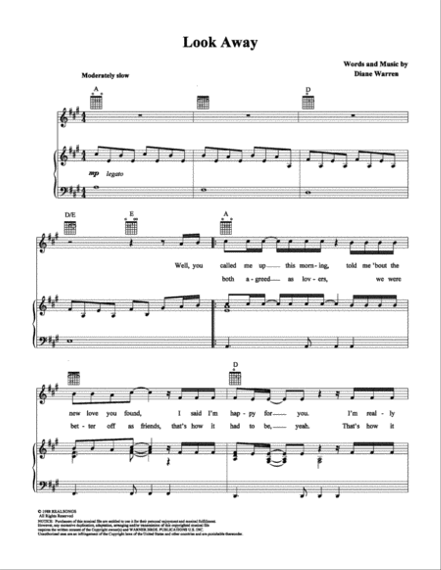 Look Away Piano, Vocal, Guitar scores gallery preview page 1