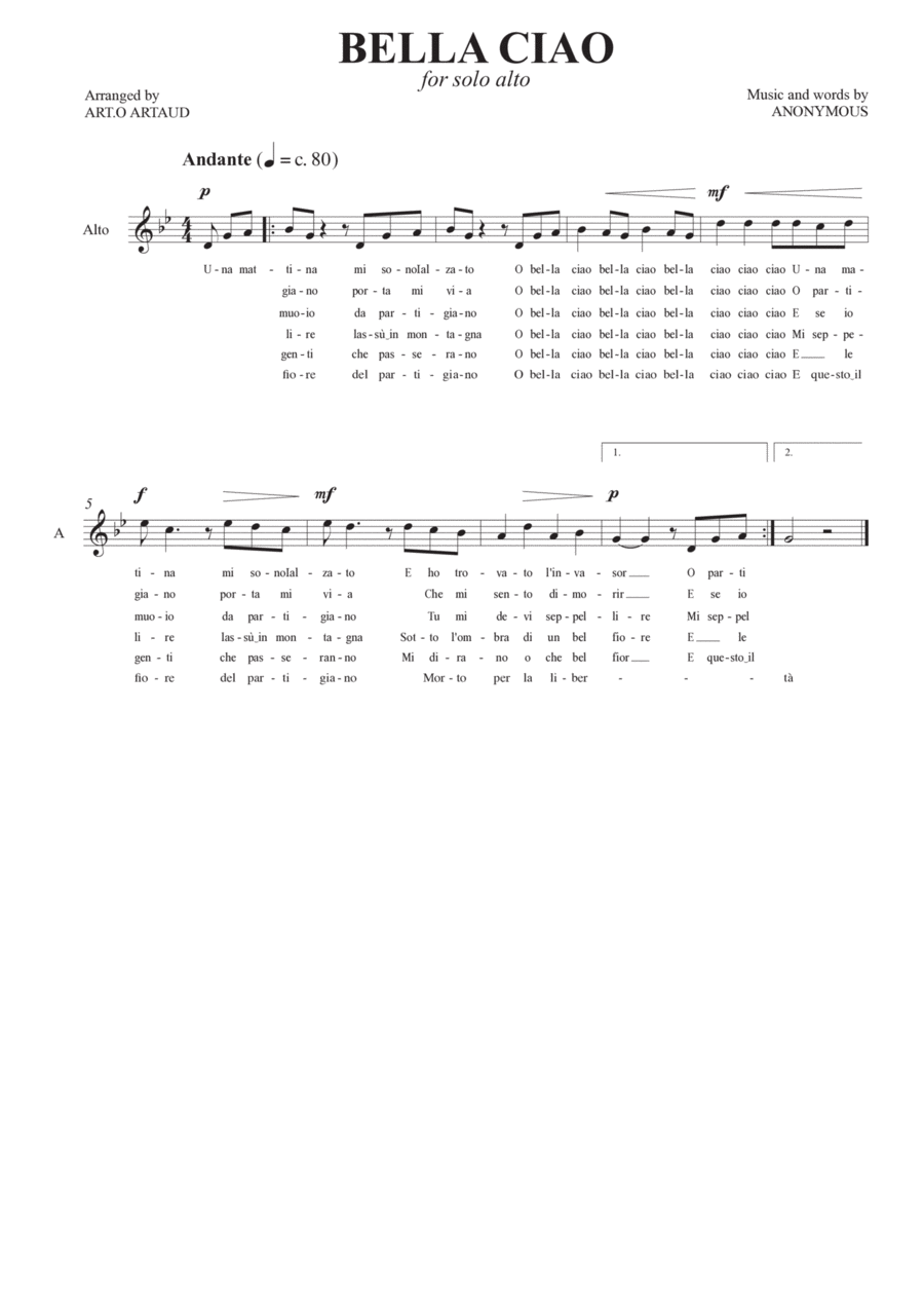 Bella Ciao Alto Voice scores gallery preview page 1