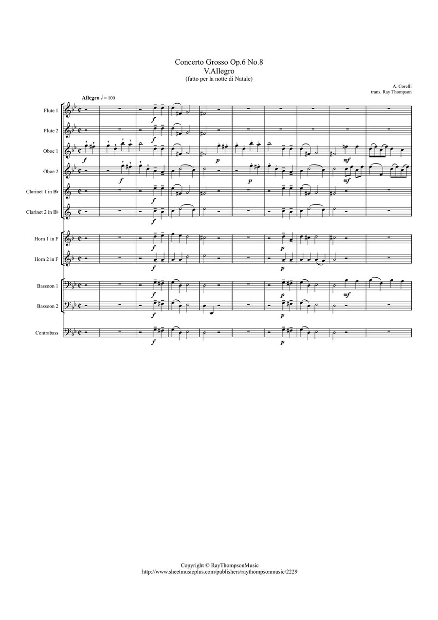 Corelli: Concerto Grosso Op.6 No.8 (Christmas Concerto) Mvt.V Allegro - symphonic wind Woodwind Quintet scores gallery preview page 1